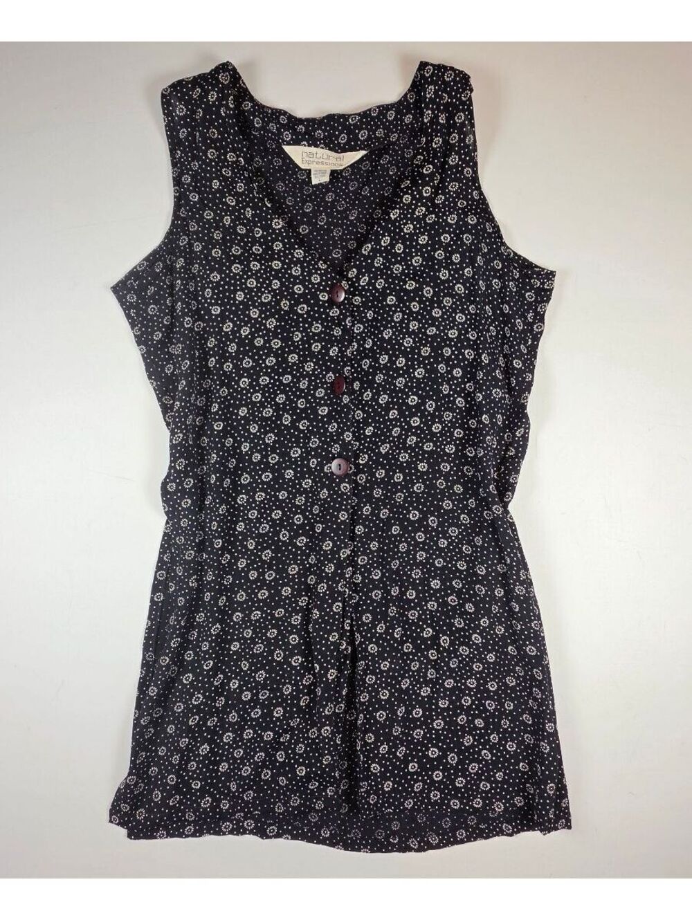 Natural Expressions Black White 90s Style Floral Long Tunic Top Flowy Rayon L